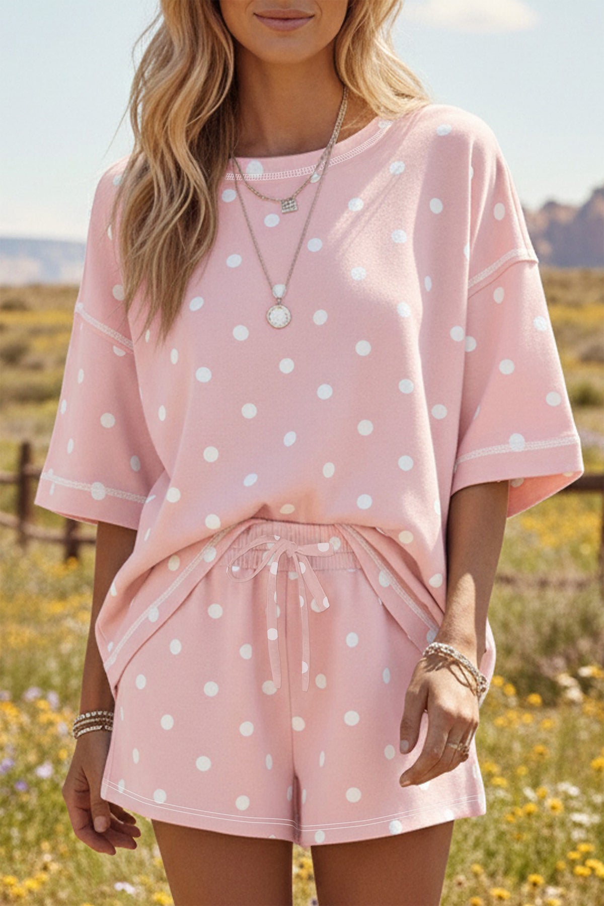 White Polka Dot Short Sleeve Loose Top Drawstring Shorts Set