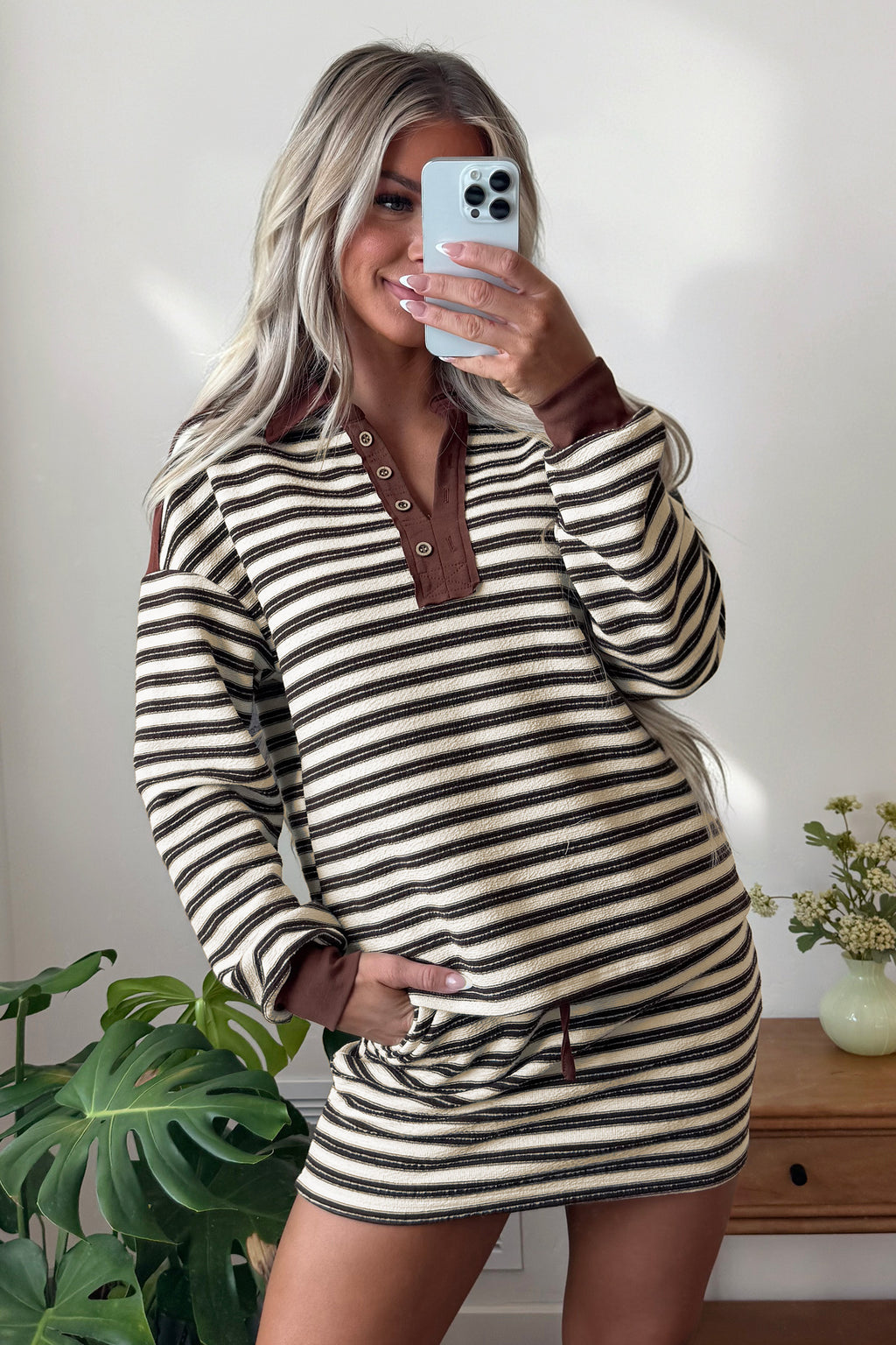 Brown Stripe Contrast Trim Button Neck Long Sleeve Top Drawstring Mini Skort Set