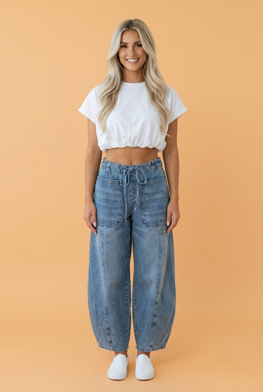 String Waist Barrel Jeans