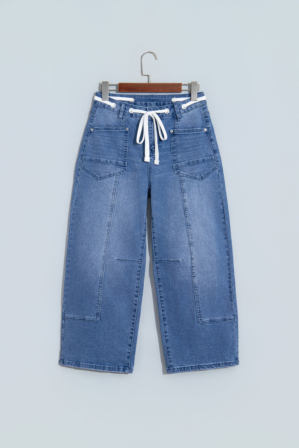 Beau Blue Solid Patchwork Grommet Tie Waist Loose Ankle-Length Jeans