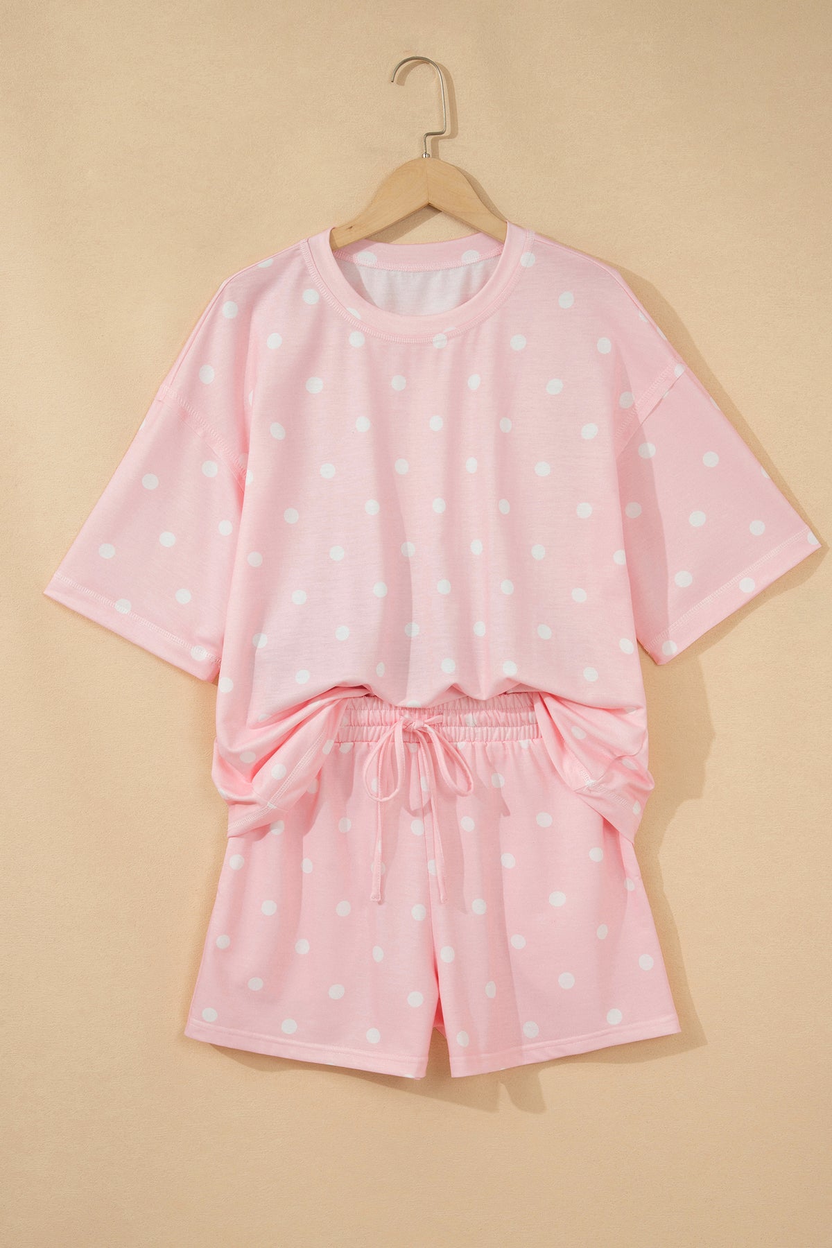 White Polka Dot Short Sleeve Loose Top Drawstring Shorts Set