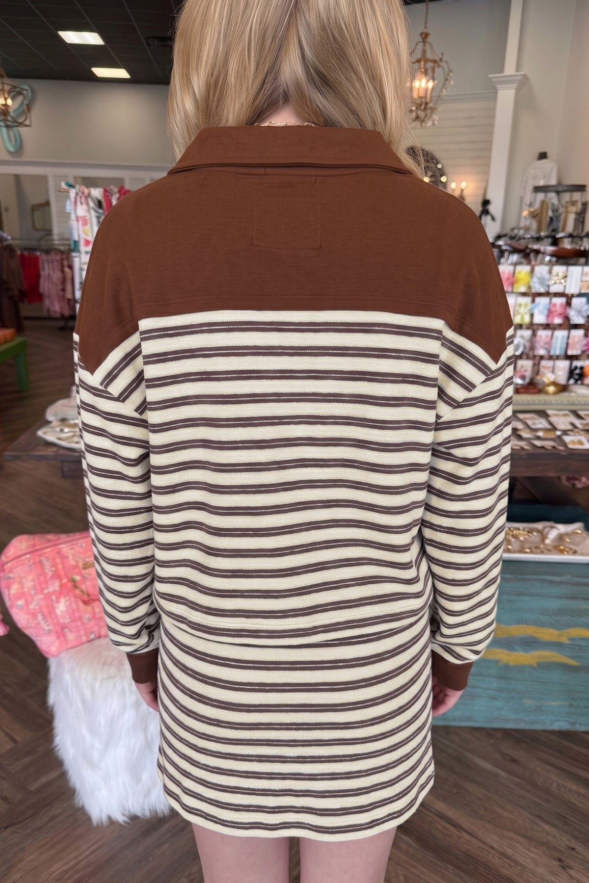 Brown Stripe Contrast Trim Button Neck Long Sleeve Top Drawstring Mini Skort Set