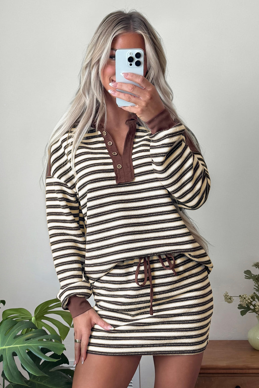 Brown Stripe Contrast Trim Button Neck Long Sleeve Top Drawstring Mini Skort Set